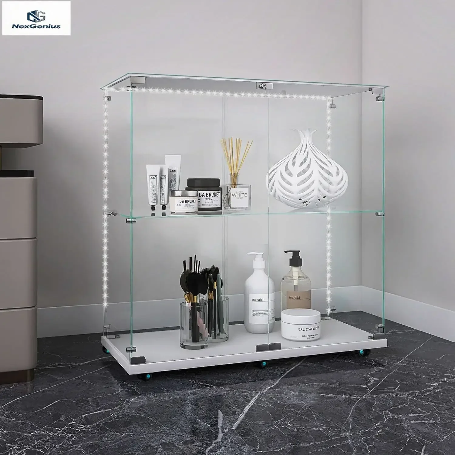White Glass Curio Cabinet With Led Lights Wheels Two Doors Two Shelves Lock Modern Display Showcase For Living Room Bedroom
