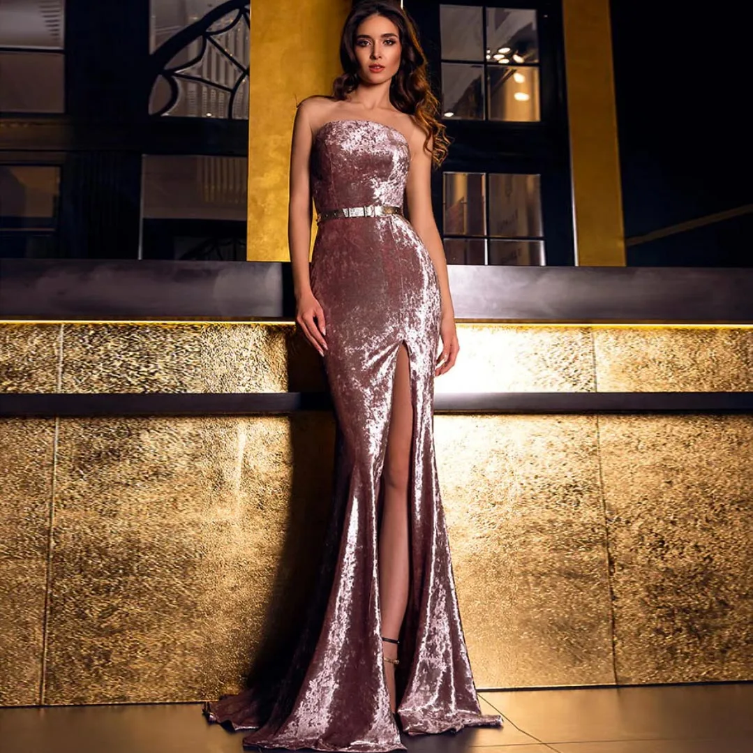 

Strapless Velvet Champagne Evening Dress Mermaid Woman Clothing With Train Soft Formal Gowns Elegant Women Clothes Ever Pretty