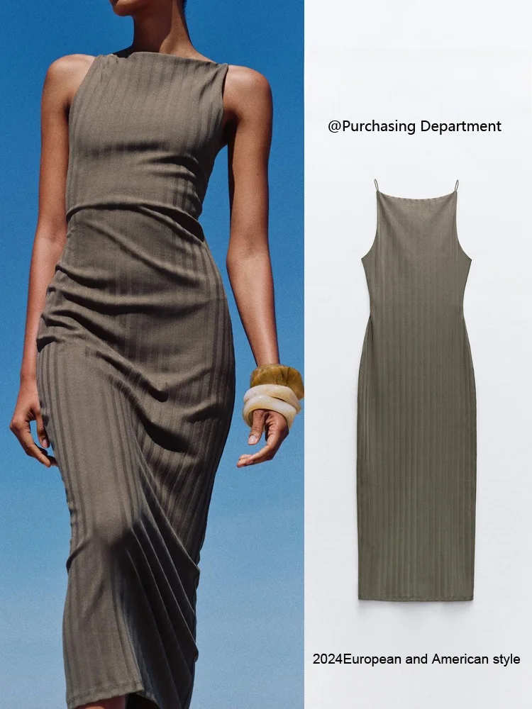 Vestido Midi canelado acintu sem mangas com decote redondo, modelo ZA2024, novidade de verão para mulheres.