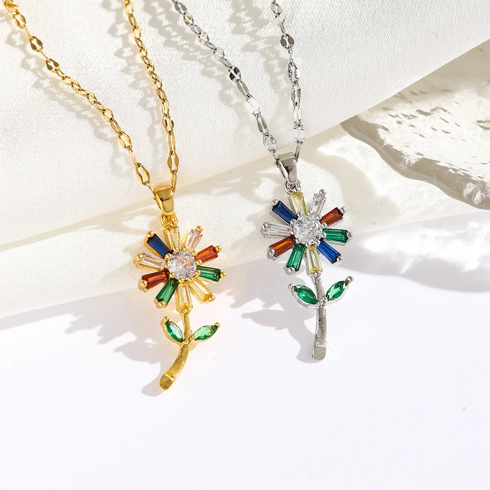 Light Luxury and Exquisite Design Sense Colorful Copper Inlaid Zirconium  Explosion Models Daisy Sunflower Pendant Necklace