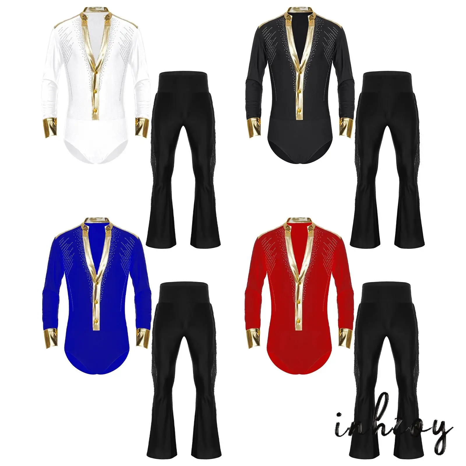 

Men Dance Bodycon Set Sheer Mesh Metallic Patchwork Shiny Rhinestones Deep V Neck Long Sleeve Leotard Tassel Flared Pants Club