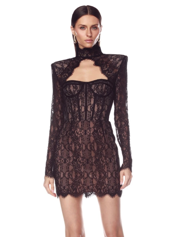 Sexy High Neck Lace Hollow Out Design Mini Dress Women Black Lace Long Sleeve Cut Out Bodycon Dresses Evening Party Cocktail
