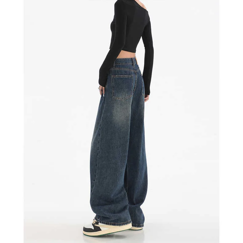 Femme taille haute coupe ajustée jambe large jean femme haute rue Y2k 2025 pantalons décontractés dame mode noir bleu pantalon en Denim ample
