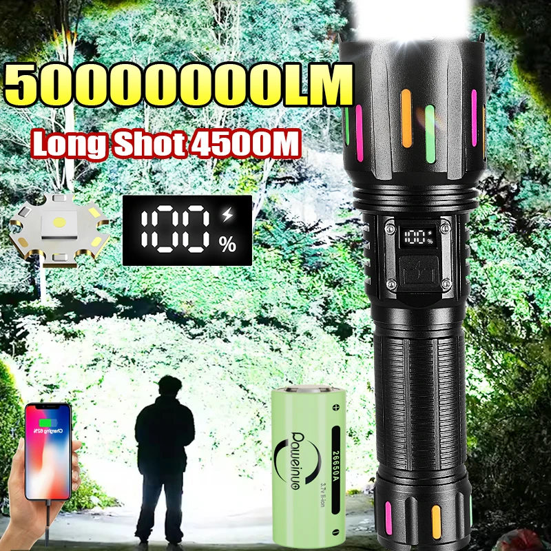 50000000LM مصباح LED فائق السطوع مصباح يدوي أقوى قابلة للشحن مصباح محمول مقاوم للماء في الهواء الطلق ضوء الصيد فانوس التخييم