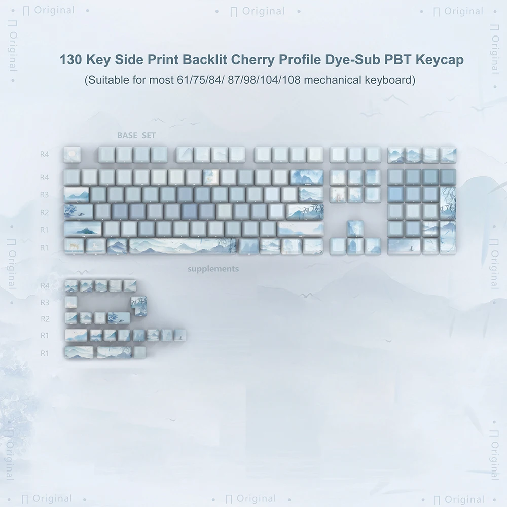 

130 клавиш Lake Blue Side Print, 5-сторонние колпачки для клавиш из ПБТ с подсветкой, RGB, вишневый профиль для механической клавиатуры Cherry MX Gamer