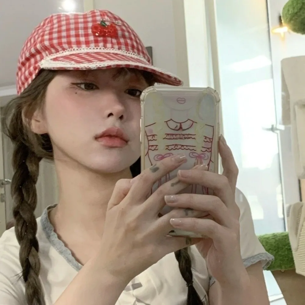 

Casual Sunscreen Cherry Pin Cap Cotton Peaked Red Plaid Hat Sweet Cute Lace Baseball Cap Girls