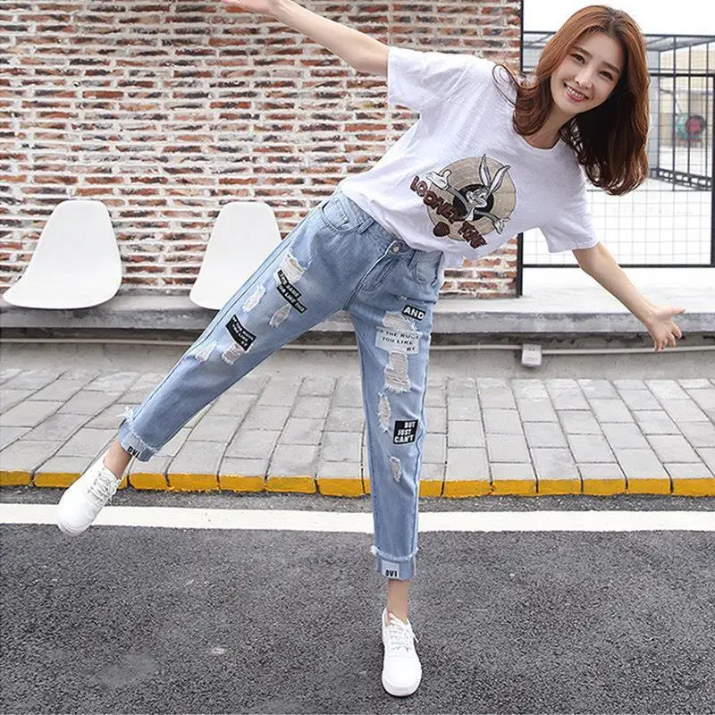 Summer New Ripped Jeans Casual Sportswear Elegant Women\'s Suit Lovely Printed T-shirt Loose Capri Jeans Two-piece Outdoor Suit