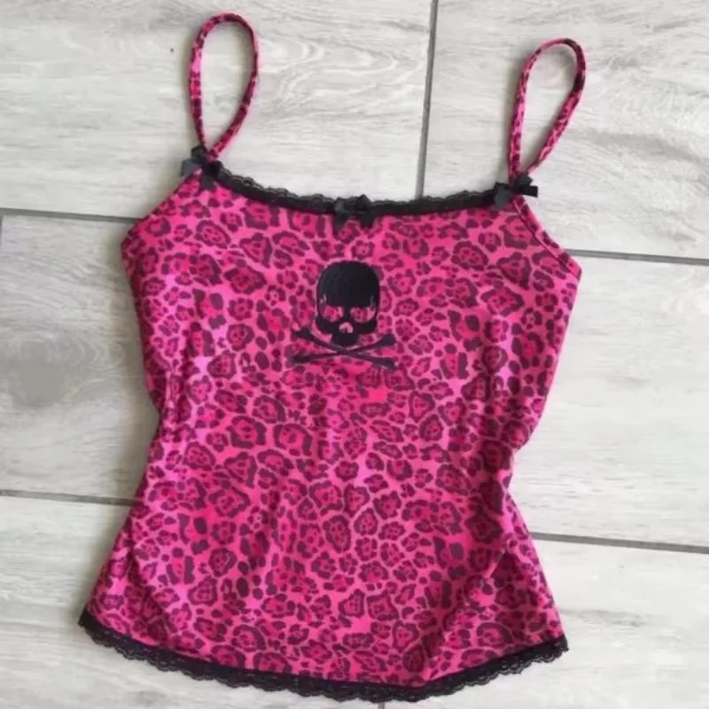 Y2K Leopard Skull Print Cami for Women, Lace Trim Spaghetti Strap Slim Fit Crop Tank Top Summer Streetwear Vest