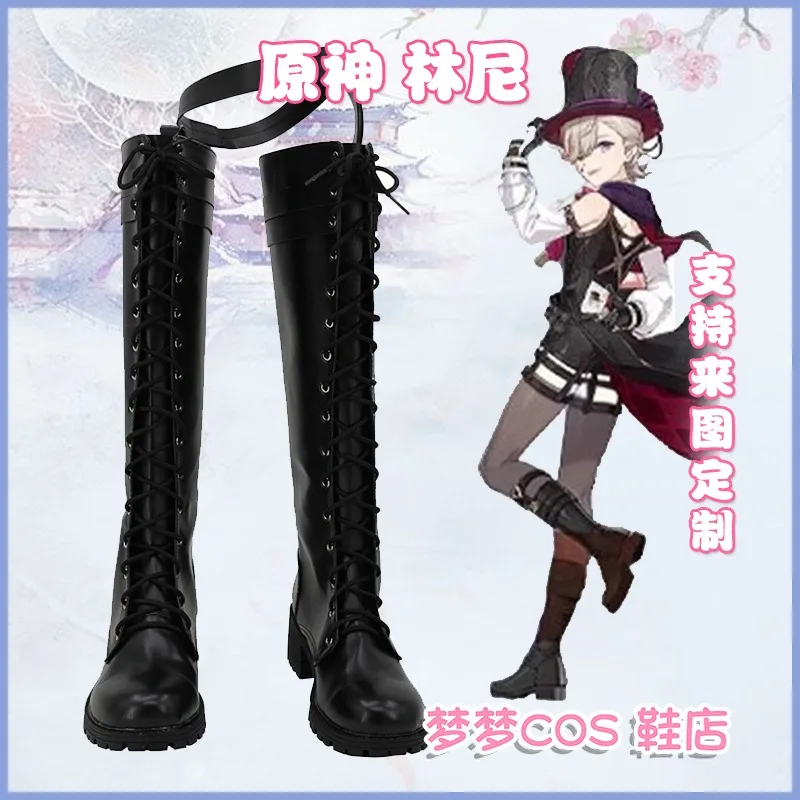 

Genshin Impact Lyney Cosplay Costume Shoes Black Handmade Faux Leather Boots