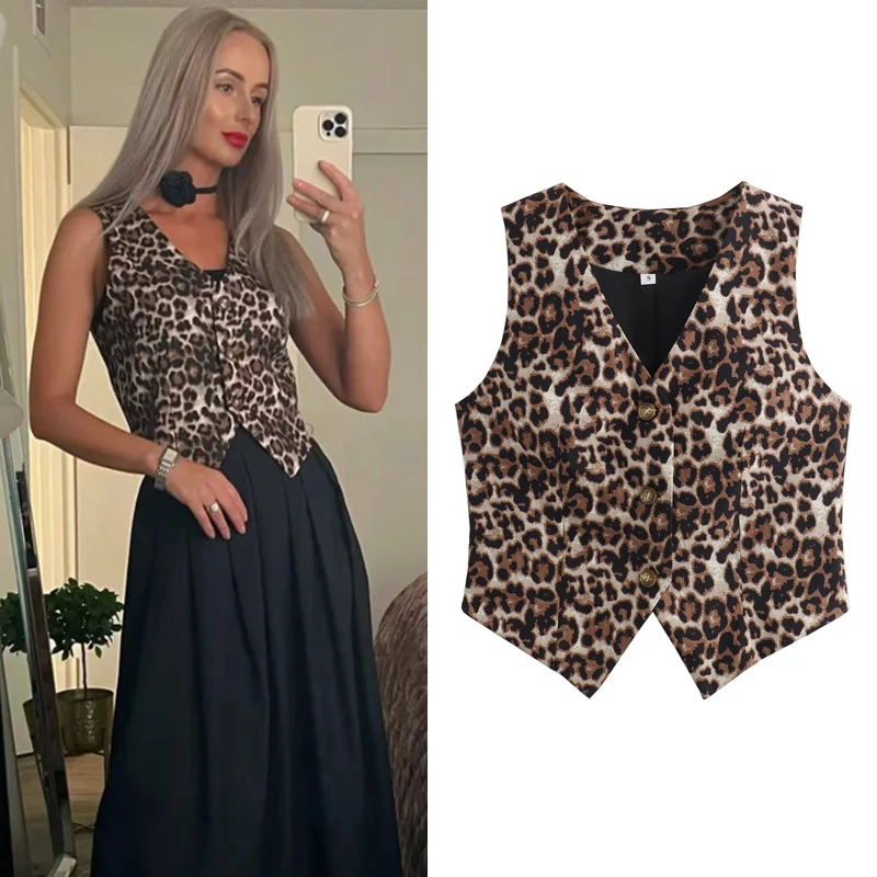 HXAO Women 2024 Waistcoat Leopard Print Crop Vest Women's Vest Sleeveless V-Neck Short Vests New In Outerwears Fashion Suit Vest