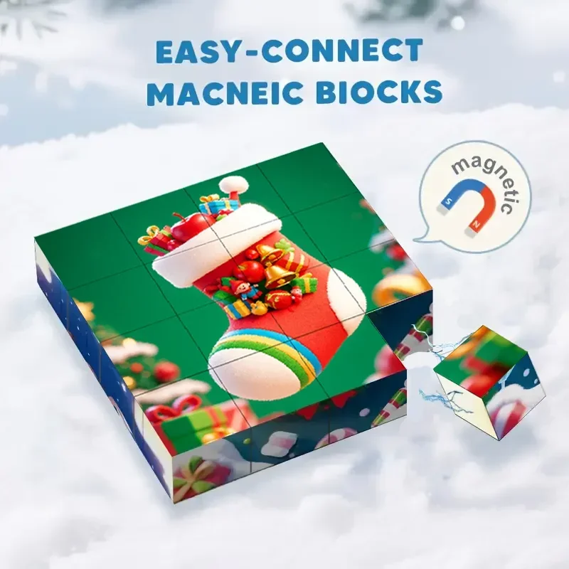 16pcs Magnetic Building Blocks Cube Puzzle Christmas Santa Claus Children Toy Create 6 Picture Education Sensory Gift for Kids