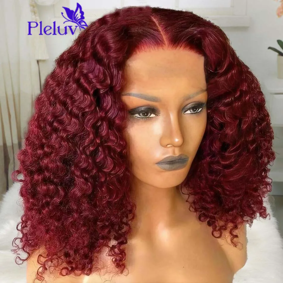 Wig Bob 99J keriting dalam rambut manusia gelombang air Burgundy rambut manusia Wig Bob depan renda 13X4 untuk wanita mulus dengan rambut bayi