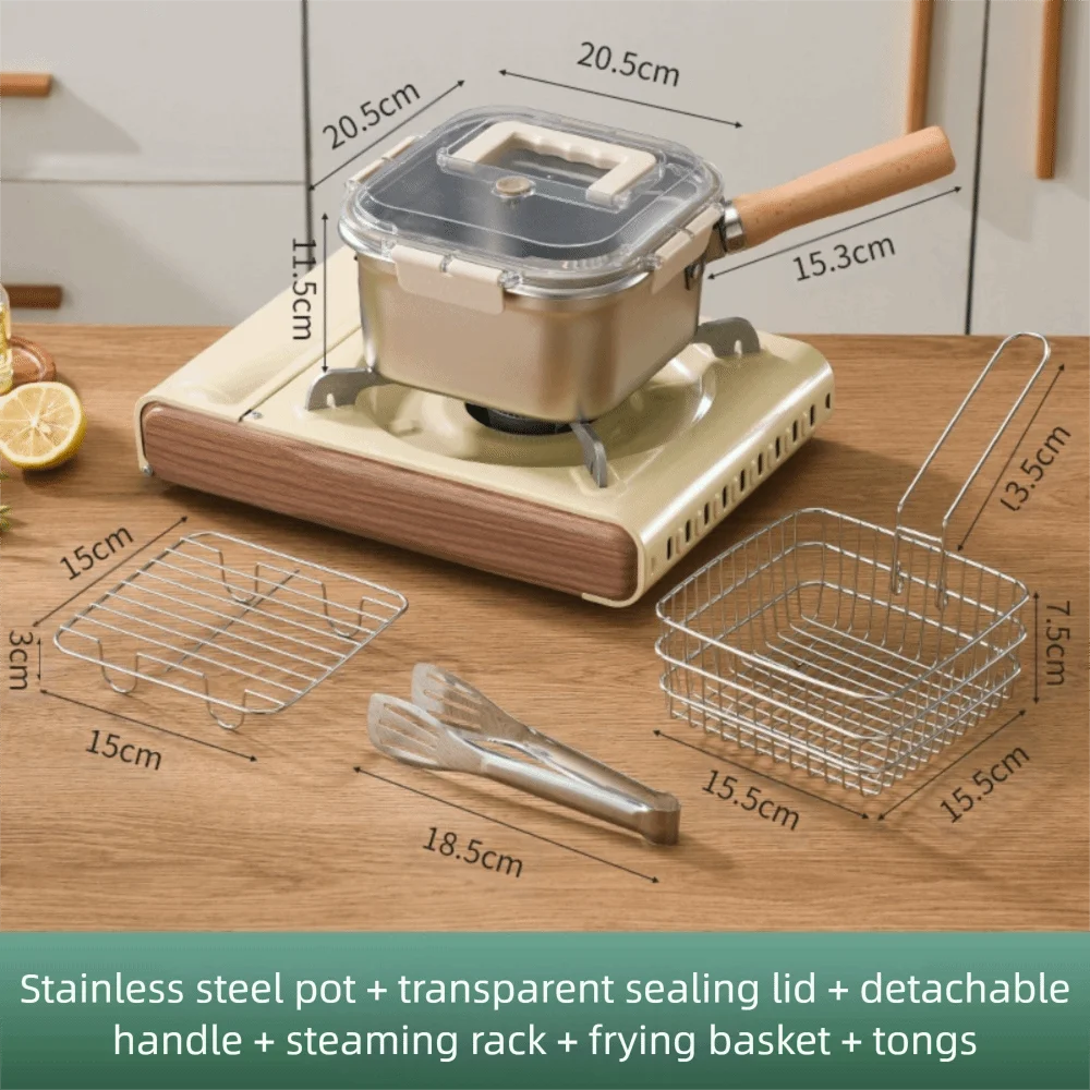 

Portable Stainless Steel Frying Pan Square Shape Non-Stick Cooking Pot with Basket Camping Cookware Set Fried Chicken