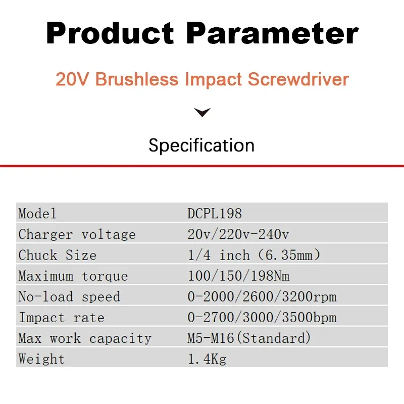 Dongcheng DCPL198 Cordless Impact Screwdriver Brushless Auto Stop Reverse 3 Speed Adjustable 20v Torque 198Nm 3200rpm 3500bpm