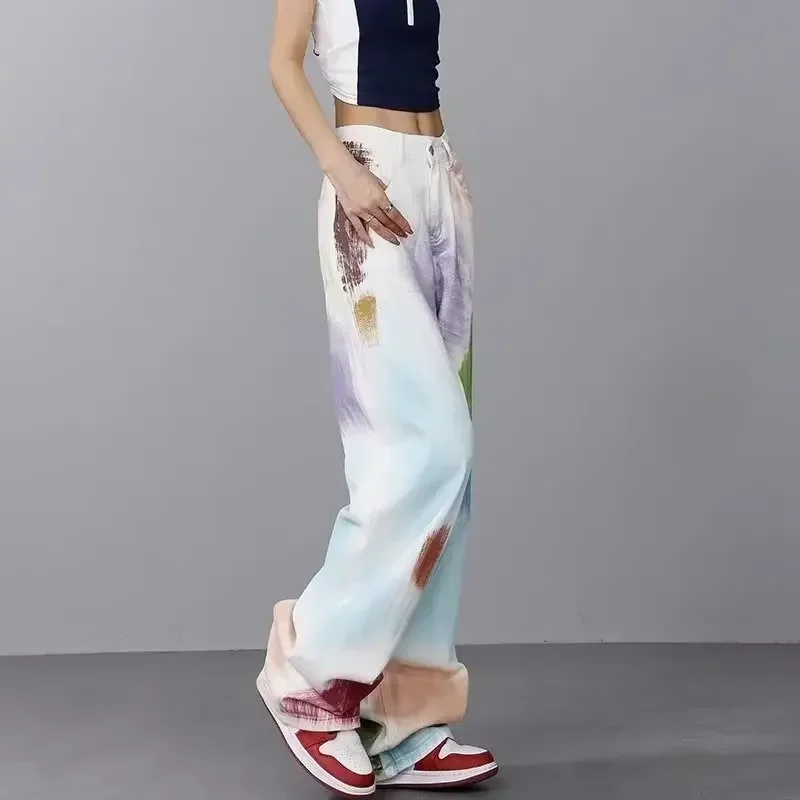 

New Spring Summer Colored Paint Casual Jeans Women Graffiti Pants Korean Style Loose Straight Leg Pants Y2k Streetwear