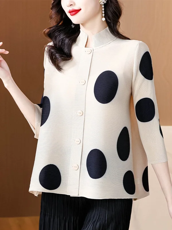 

Elegant Folded Collar Loose Women's Shirt Spring Summer Polka Dot Print Anti-Wrinkle Fashionable Age-Defying Top