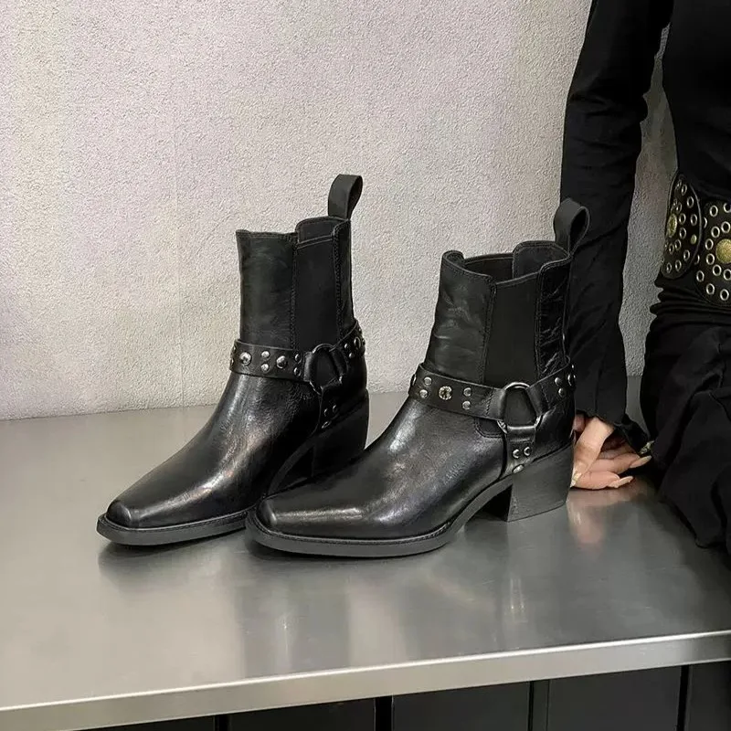 Women Modern Shoes Genuine Leather Chelsea Boots Chunky Heels Square Toe Versatile Vintage Pleated Rivet Motorcycle Boots