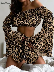 Mnealways18 Leopard Print Causal Sleepwear Shorts Suits Flare Sleeve Cropped Tops And Shorts Two Pieces Sets Summer Autumn 2024