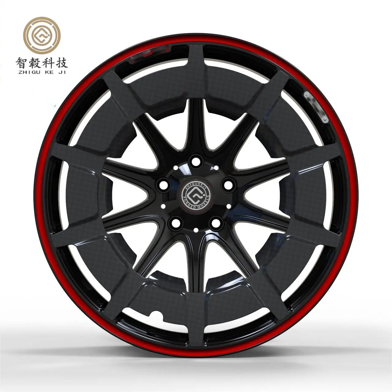 

High-Performance Lightweight Forged Wheels with Red Rims - Powder Coated Carbon Plate Finish - 16-24 Inch Sizes Available