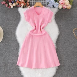YuooMuoo Chic Fashion Slim Waist A-line Knitted Dress 2025 New Summer Elegant Double-breasted Party Dress Korean Outfits Vestido