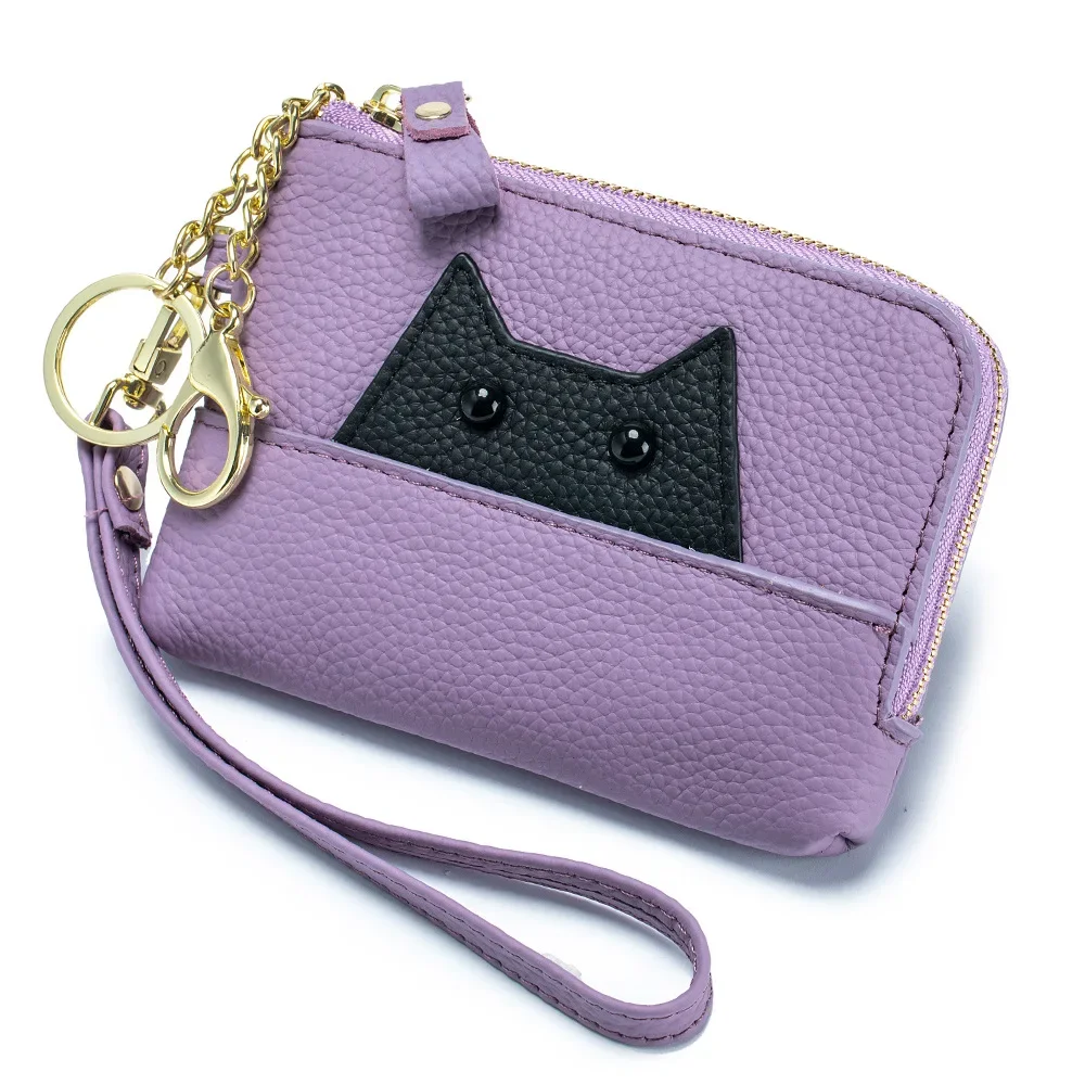 Slim Genuine Leather Cute Coin Purse and Card Clip Wrist Small Wallet with Key Ring Multi-functional Zipper Around Change Wallet