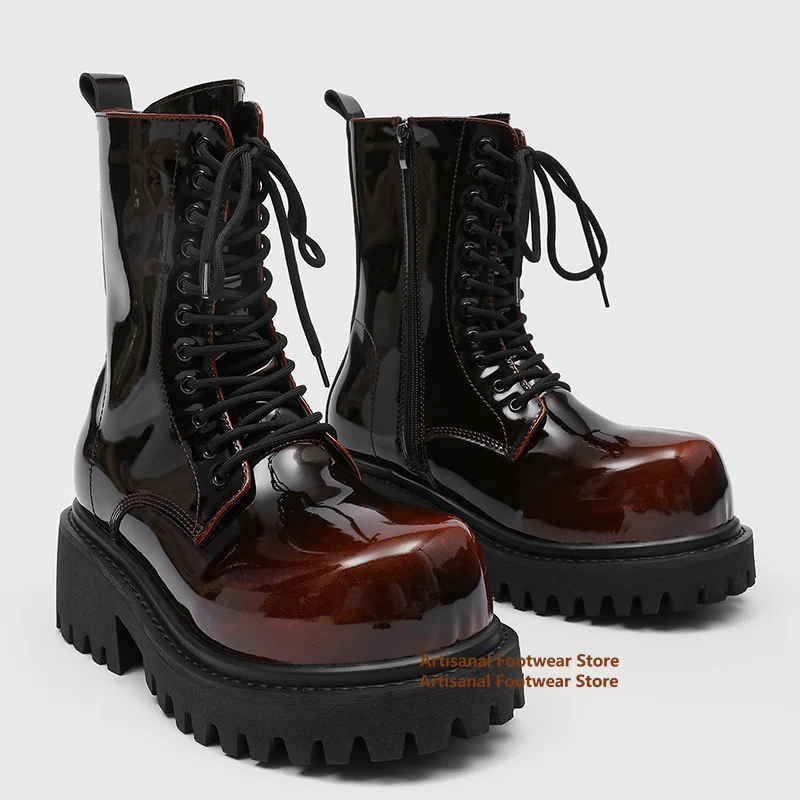 Gradient Colored Patent Leather Men's Boots British Style Side Zipper Boots Trendy Luxury Men's Shoes New In Botas Mujer