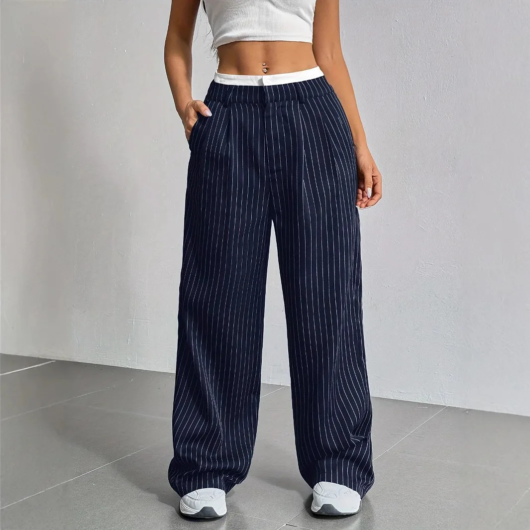 

New Crossborder High Waist Straight Leg Casual Pants Vertical Texture Long Trousers Women's Spring Faion High Street Sle