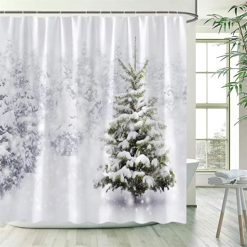 Winter Snowy Forest Shower Curtains Pine Tree Deer Snowflake Xmas Christmas Holiday Rustic Farmhouse Bathroom Decor with Hooks