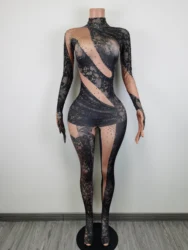Sexy Slim Fit Rompers One Piece Bodysuit Women Rhinestone Jumpsuits Fashion Black Lace Pattern Pole Dancer Leotard Club Outfits