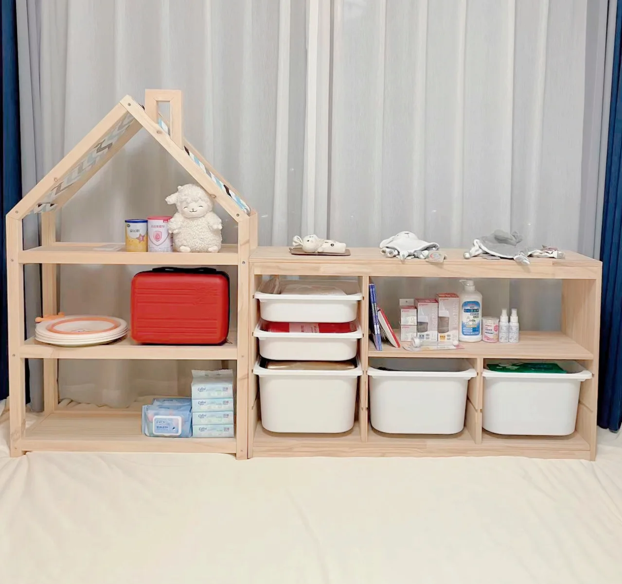 Conjunto de móveis de madeira para crianças, porta-malas e armário de armazenamento de brinquedos, estante e guarda-roupa para recameras, meninas