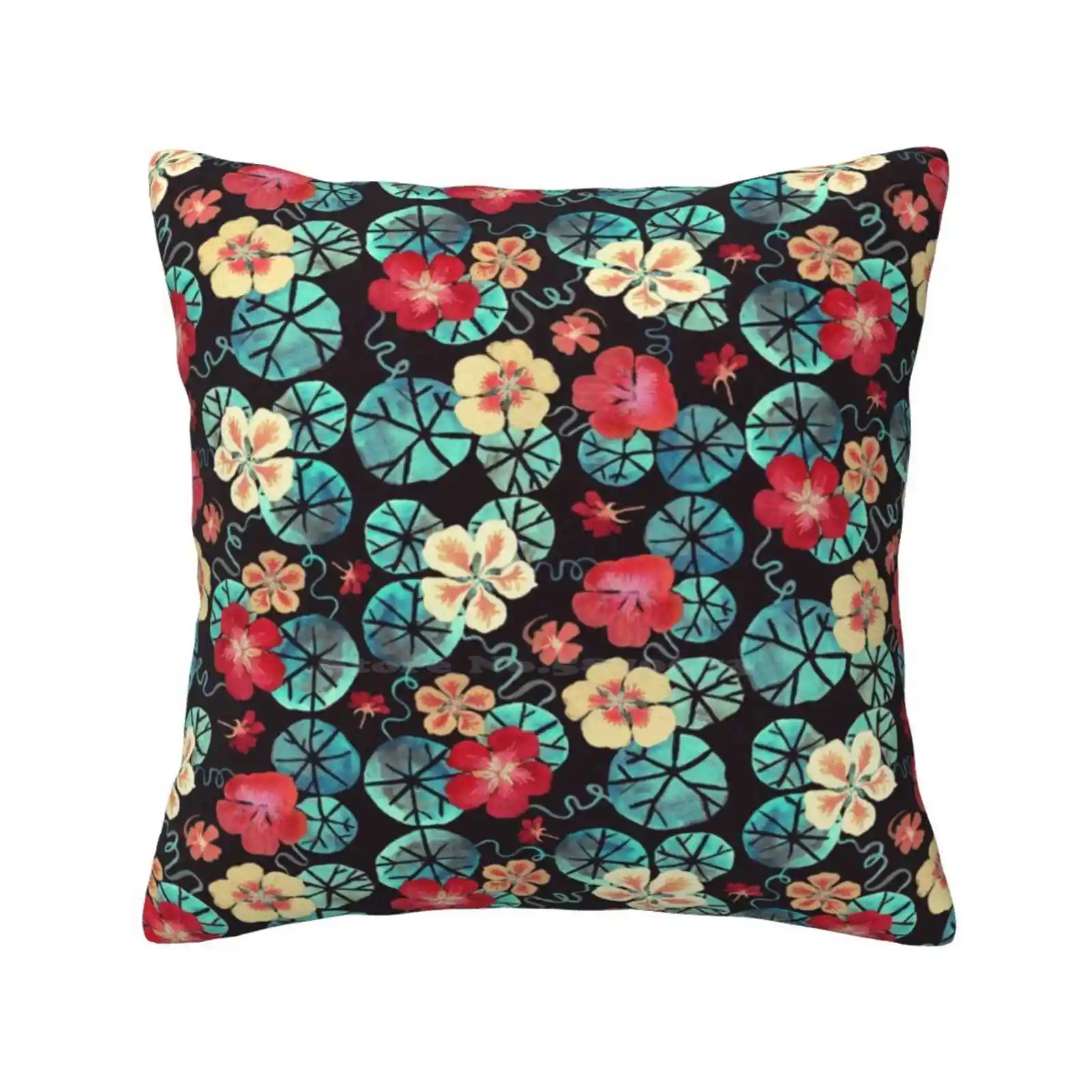 Watercolor Garden Nasturtiums. Dark Floral Pattern Pillows Case Bedroom Home Decoration Tropaeolum Flowers Dark Floral Common