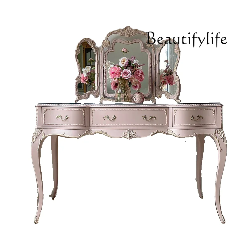 

Retro old pink dresser Nordic European solid wood carving flower dressing table makeup stool glass combination