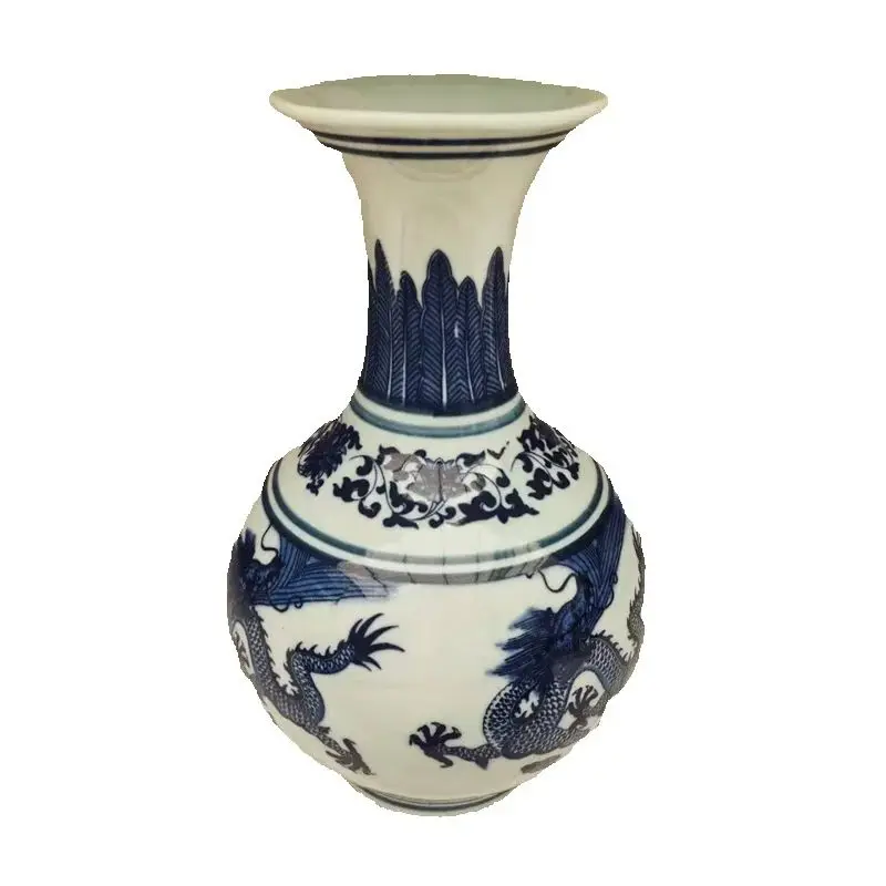 

Chinese Old Porcelain Vase Blue And White Double Dragon Pattern Traditional Asian Decorative Floor Standing Artwork