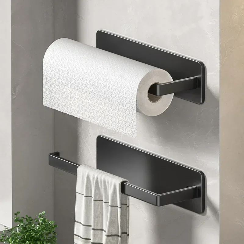 Multipurpose Dual Back Adhesive Tape Towel Holder Washroom Kitchen Rack Roll Paper Plastic Wrap Wipe Storage Rod Shelf