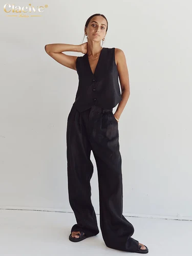 Imagen 2 del producto Clacive-Conjunto de dos piezas de lino blanco para mujer, camiseta sin mangas a la moda, conjunto de pantalones anchos de cintura alta a juego, verano 2024