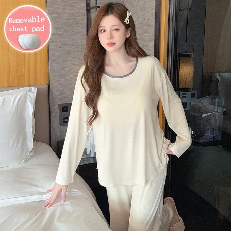 

Spring and Autumn Women's Pure Cotton Simple Pajamas Luxury Comfortable Pajamas Long Sleeve Trousers Suit Pajamas Home Clothing