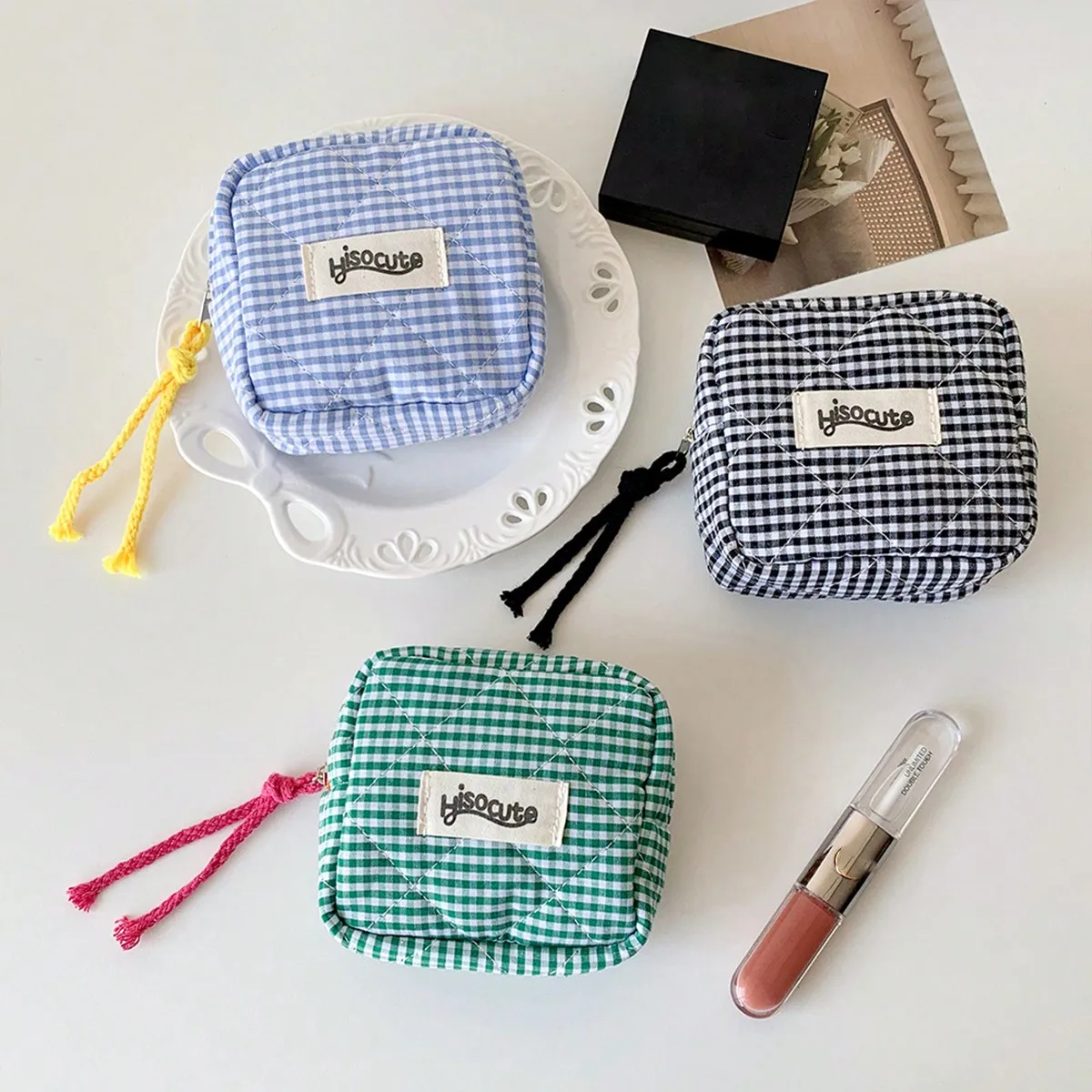 Chic Mini Plaid Multifuctional Storage Bag Minimalist Checkered Polyester Cosmetic Pouch Small With Tassel Zipper Coin Purse