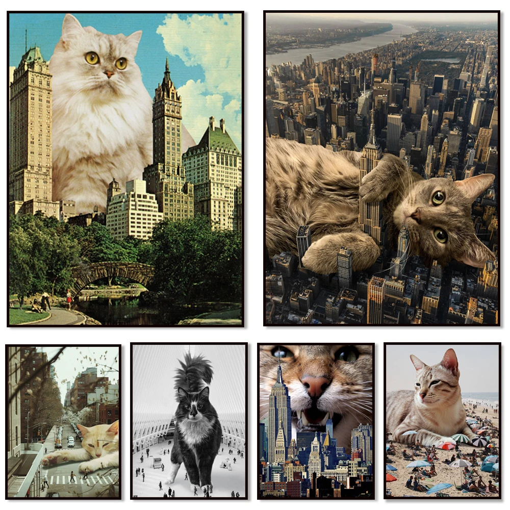 Edificio de hierro plano gato blanco y negro, gato de Nueva York, arte de gato durmiendo, océano de la playa, gato amarillo Chelsea, regalo de gato, cartel surrealista
