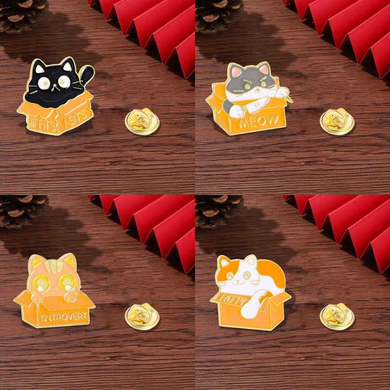 4Pcs/Set Statement Creative Box Cats Pins Pretty introvert  Fatty  Meow Fits Kitten Kitty Enamel Brooches Pet Jewelry