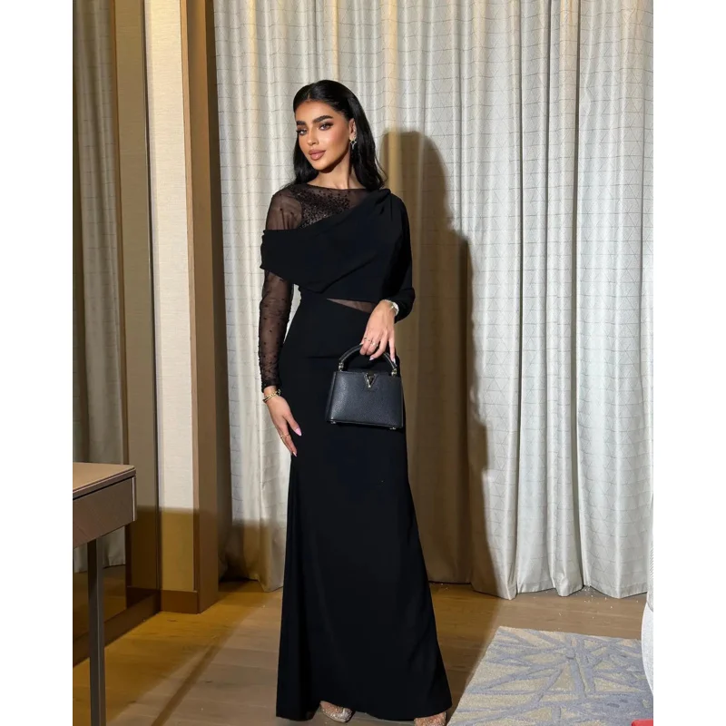 Indie Elegant Black O Neck Prom Gown Women Beaded Saudi customized Party Evening Dress Floor Length Special Occasion Dresses