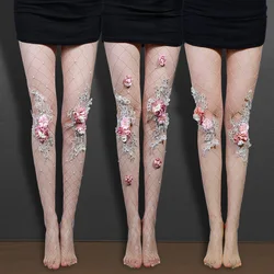 2025 New Sexy Women Pantyhose Handmade Embroidery Pink Flower Sexy Style Fishnet Mesh Stockings Elegant Senior Pantyhose Tights