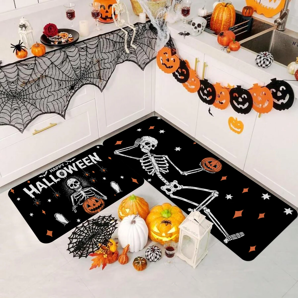 1/2/3 Stück Halloween Skelett Spinnenknochen Kürbis Küchenmatten-Set, schwarzer Horror-Design-Teppich, verwendet für Heimdekoration,