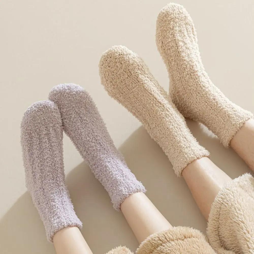 

4Pairs Cute Thickened Coral Fleece Socks Sleeping Simple Floor Plush Socks Winter Hosiery Mid Tube Socks Women Winter