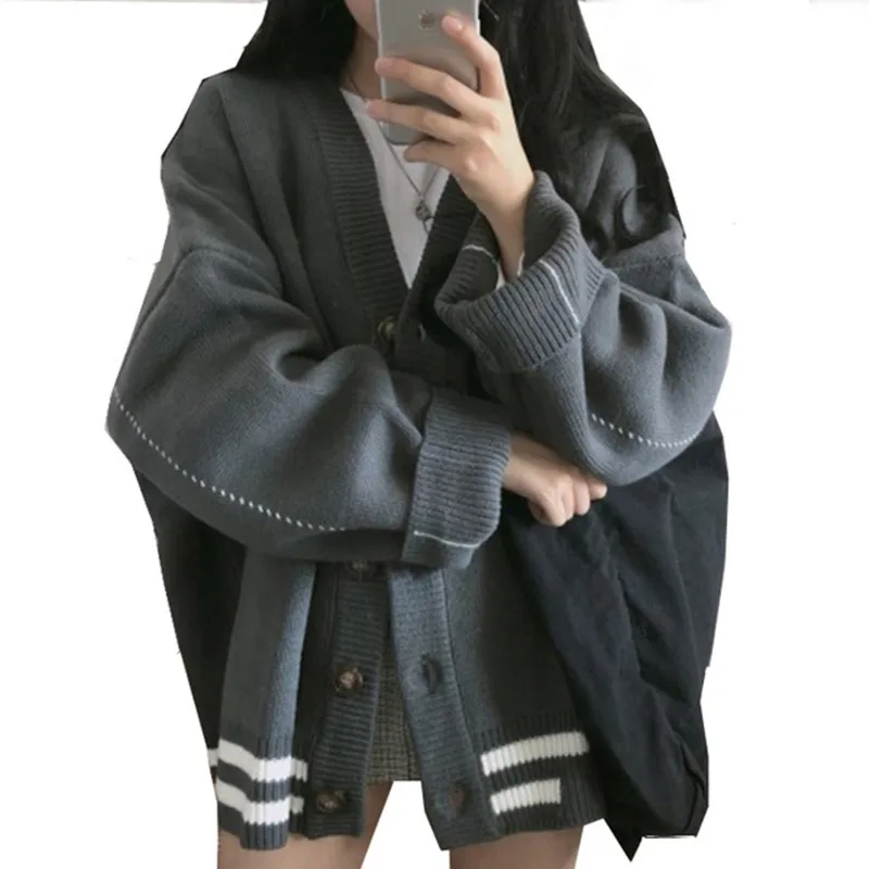 الخريف/الشتاء الكورية فضفاضة الخامس الرقبة سترة متماسكة نمط الكلية سترة بأكمام طويلة سترة عادية زر سترة طويلة