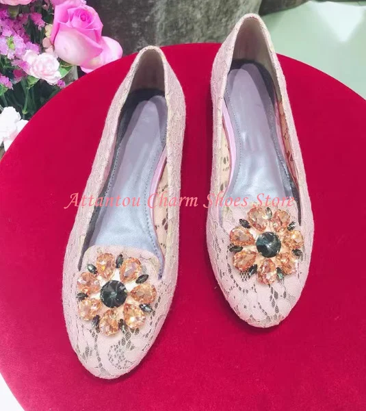New Round Toe Crystal Flower Decor Lady Flat Shoes Fashion Lace Rhinestone Slip-on Casual Shoes Woman Dress Office Shoes view 5
