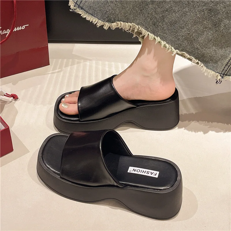 Shoes Slippers Heels Slipers Women Low Peep Toe Platform Slides On A Wedge High 2025 Summer PU Rubber Fabric Rome Hoof Shoes Lad