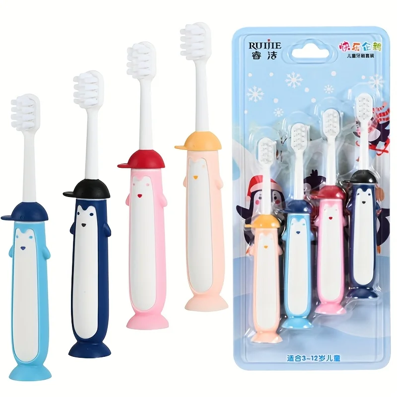 

Набор из 4 зубных щеток разноцветных расцветок, с дизайном пингвинов на присосках, с мультяшными изображениями, легко хранить, незаменим для путешествий, портативные и забавные.
