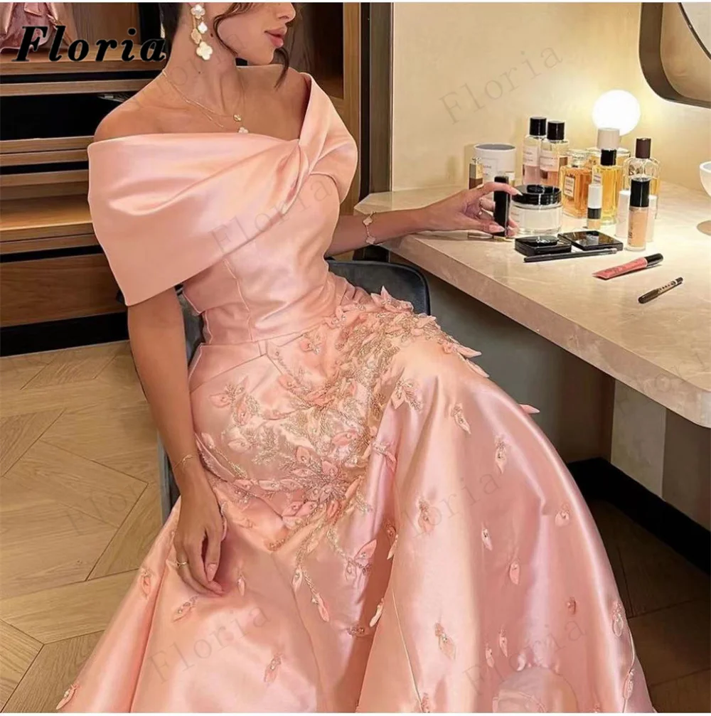 Kaftans Pink Satin Evening Dresses 2023 Dubai Design Appliques Beaded Prom Dress For Weddings Plus Size Party Engagement Dress