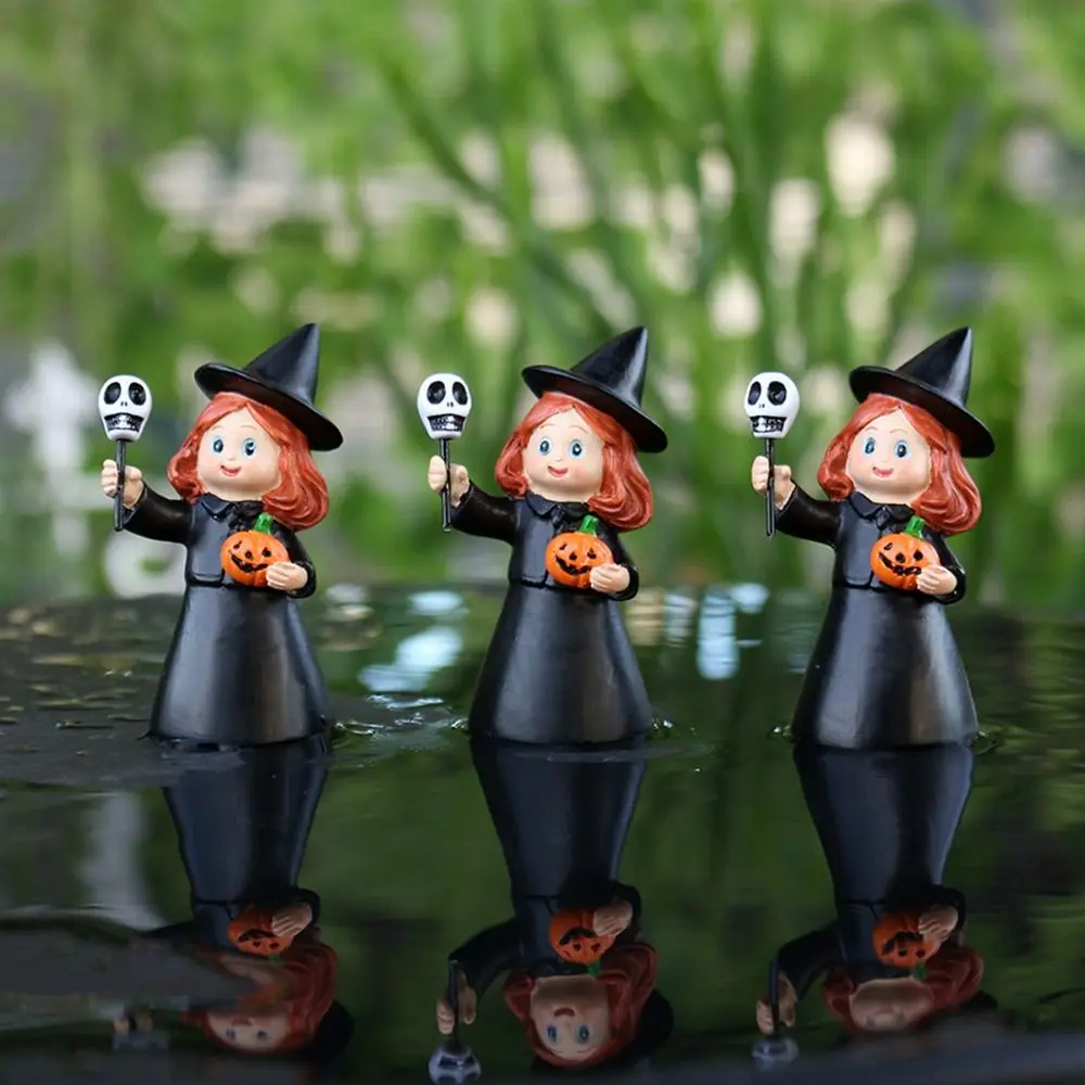 

3Pcs Cute Halloween Witch Statue Creative Craft Halloween Witch Ornament with Skull Pumpkin Durable Resin Girl Figurines