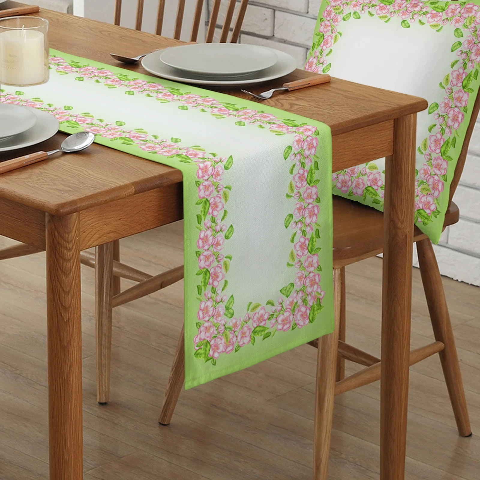 Gradient Green Cherry Blossom Linen Table Runners Kitchen Table Decoration Dining Table Runner Wedding Party Supplies